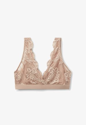 Beige kanten bralette met geschulpte randen en een diepe V-hals. Kenmerkt zich door een bloemenkanten overlay en een zachte, elastische band.