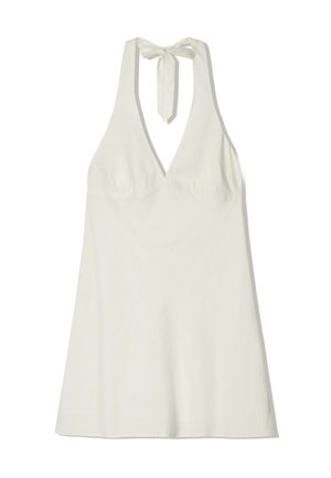 White halter dress featuring a deep V-neck, gathered bust, and tie-back detail. Smooth fabric with a relaxed fit and flared hemline.