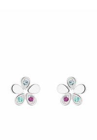 Pendientes plateados en forma de flor con cinco pétalos, que presentan piedras preciosas en tonos aqua, azul y rosa con un acabado pulido.