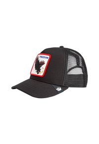 Casquette de camionneur noire avec un patch avant représentant un aigle et le texte "LIBERTÉ". Dos en maille et visière courbée. Le tissu est lisse avec un design structuré.