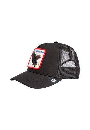 Schwarze Trucker-Kappe mit einem Vorderpatch, das einen Adler und den Text "FREIHEIT" zeigt. Netzrücken und gebogener Schirm. Der Stoff ist glatt mit strukturiertem Design.