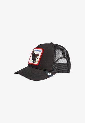 Black trucker cap with a front patch featuring an eagle and "FREEDOM" text. Mesh back and curved brim. Fabric is smooth with structured design.