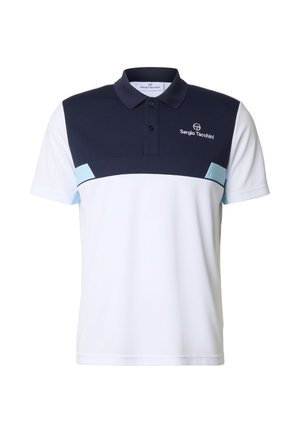 Polokošile s krátkým rukávem, tmavě modrým horním panelem, bílým spodním dílem, světle modrými akcenty a vyšívaným logem „Sergio Tacchini“ na hrudi.