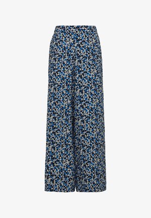 Weite Hosen mit einem geometrischen Muster in Blau, Schwarz und Cremefarben. Der Stoff wirkt glatt und verfügt über einen elastischen Bund für zusätzlichen Komfort.