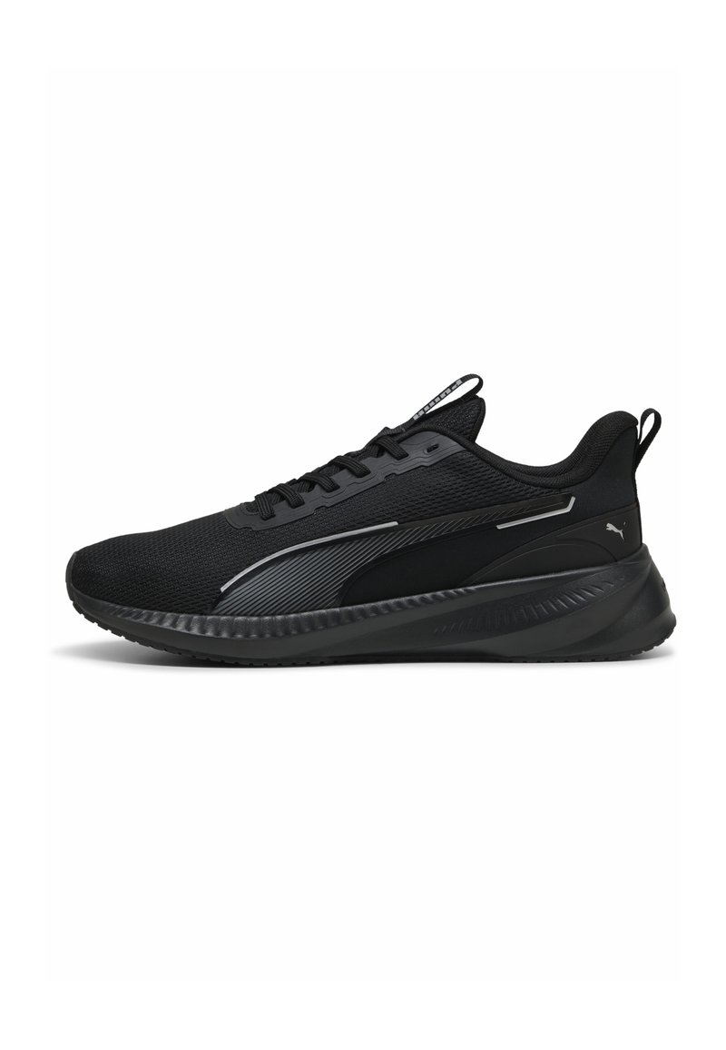 Black athletic shoe with a mesh upper, rubber sole, and contrasting silver accents along the side. Features a cushioned heel and lace-up design.