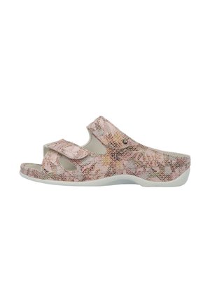 Pink textured adjustable sandals with a patterned finish, open toe, and a white sole. Features hook-and-loop straps for secure fit.