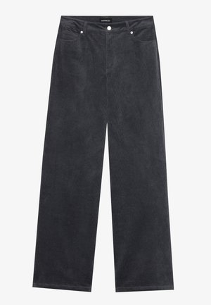 Pantaloni a gamba larga in corduroy grigio scuro, con chiusura a bottone, quattro tasche e una finitura morbida e testurizzata.