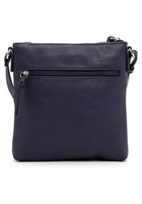 Dunkelblaues Leder-Crossbody-Bag mit strukturierten Oberflächen, oberen Reißverschlussverschluss und einer äußeren Reißverschlusstasche für zusätzlichen Stauraum.