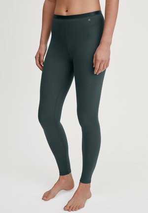 Leggings verde scuro realizzati in tessuto elastico, con una texture liscia e una cintura ampia. Nessun motivo visibile o dettagli hardware.