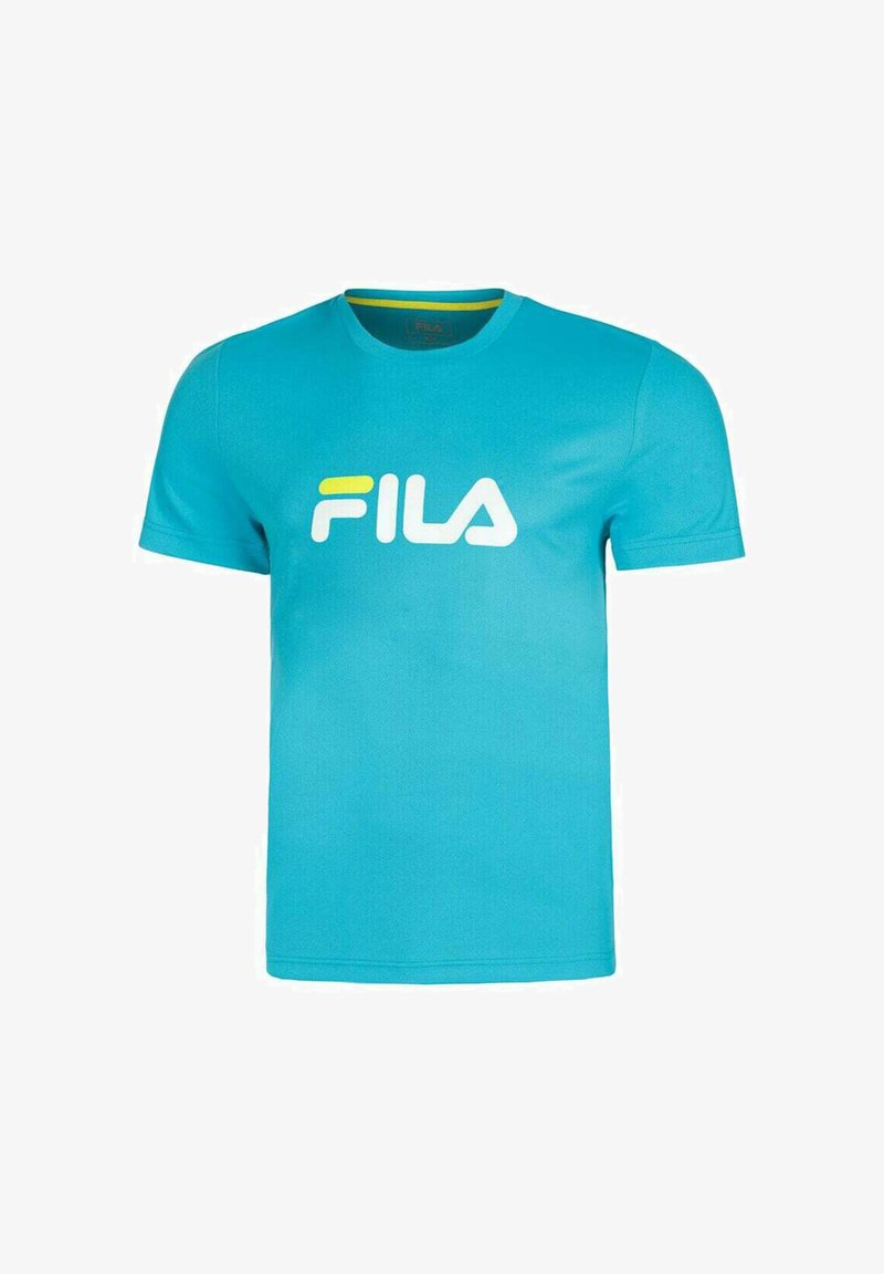 T-shirt corto turchese in cotone, caratterizzato da un grande logo "FILA" bianco con un accento giallo nella zona del petto.