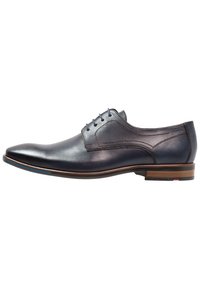 Navy blue leather dress shoe with smooth finish, pointed toe, and five eyelet lacing; subtle accent stitching and wooden heel detail.