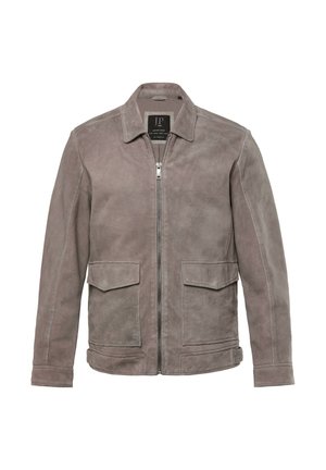 Grijze suede jas met een kraag, ritssluiting aan de voorkant, twee opgestikte zakken en een relaxed pasvorm. Heeft een gladde textuur en een minimalistisch ontwerp.