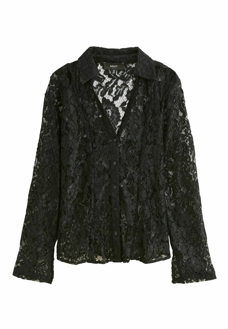Black lace shirt with long sleeves, button-up front, and a collared neckline. Features floral patterns and a sheer texture.