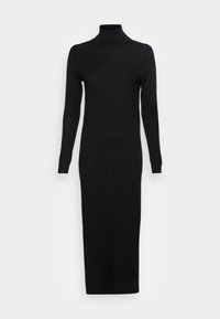 Abito nero a maniche lunghe con collo alto, silhouette aderente, lunghezza midi, tessuto a maglia semplice, design semplice ed elegante su uno sfondo bianco.