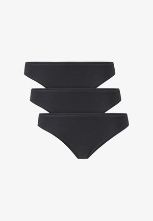 Drie-pack zwarte bikini slipjes gemaakt van een rekbare, gladde stof. Heeft een lage taille en een eenvoudig ontwerp zonder extra patronen.