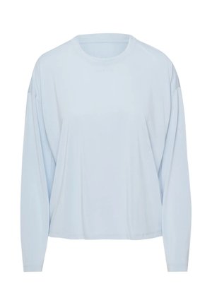 Jasnoniebieska koszula z długim rękawem, okrągłym dekoltem, luźnym krojem i miękką, gładką fakturą. Posiada obniżone ramiona i brak widocznego logo.