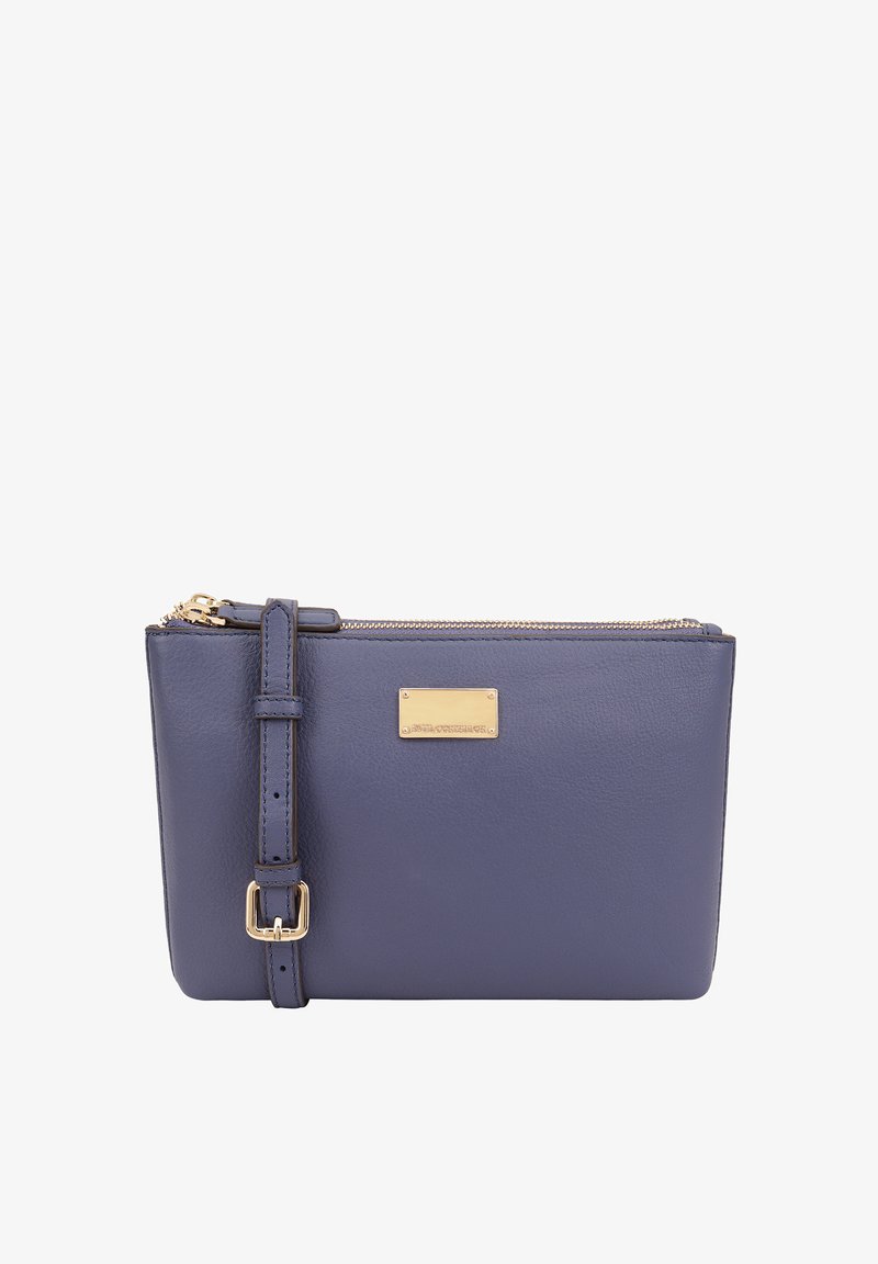 Navyblauwe leren schoudertas met ritssluiting, verstelbare schouderband en gouden hardware-accenten. Glad oppervlak, minimalistisch ontwerp.