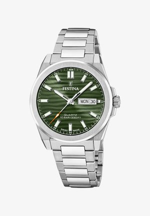 Hodinky Festina na quartz s zeleným pruhovaným ciferníkom, strieborným nerezovým pásikom, zobrazením dátumu a oranžovým akcentom na sekundovej ručičke. Vodoodolnosť 10 barov.