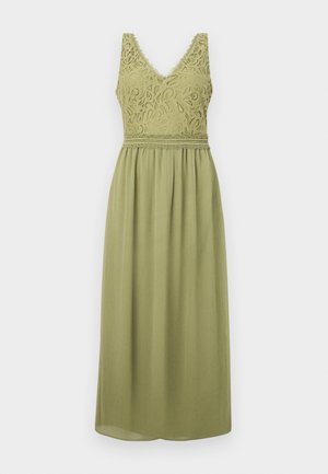 Abito verde oliva con corsetto in pizzo, scollatura a V e una cintura accentuata. La gonna fluida arriva a metà polpaccio e presenta un tessuto testurizzato.