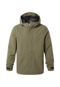Olive green waterproof jacket with a hood, front zip, and Velcro cuffs. Features minimal design and smooth texture. No visible patterns.