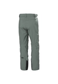 Lichtgrijze waterdichte broek met zwarte accenten, taps toelopend ontwerp, verstelbare taille en contrasterend logo op de linker bovenbeen.