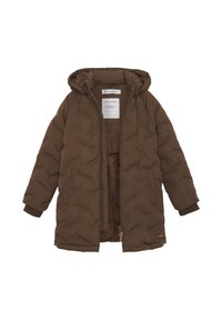 Brown quilted puffer jacket with a hood, featuring ribbed cuffs, front zip closure, and two side pockets. Lined interior with label visible.