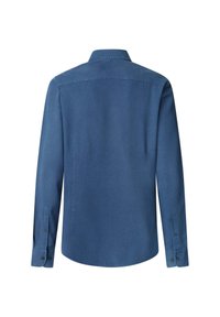 Camicia blu a maniche lunghe con colletto dritto e polsini abbottonati, vista da dietro.