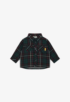 Tummaa vihreää, punaista ja valkoista ruudullista pitkähihainen nappipaita, jossa on kaulus ja kaksi rintataskua, joista toisessa on pieni keltainen merkki.