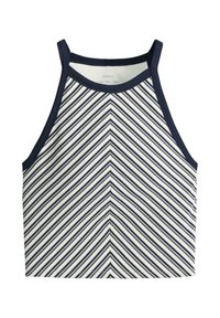Mouwloos wit croptop met navyblauwe diagonale strepen die een chevronpatroon vormen en navyblauwe biezen rondom de halslijn en armsgaten.