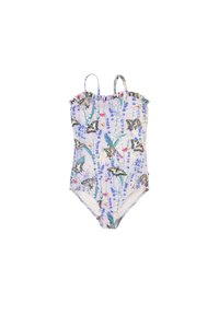 Μονό κομμάτι μαγιό με ρυακιές τιράντες και floral σχέδιο με πεταλούδες. Χρώματα περιλαμβάνουν απαλό ροζ, μπλε και πράσινο; λεία υφή.