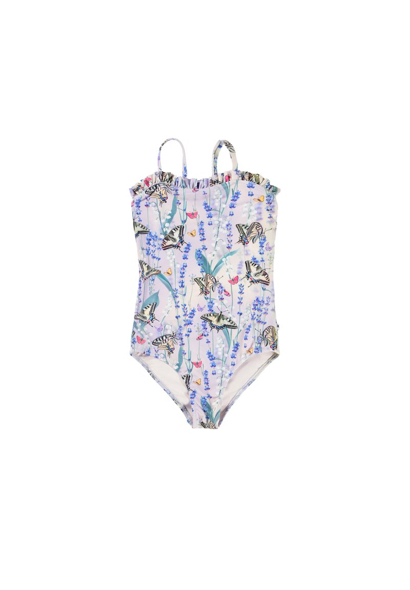 Μονό κομμάτι μαγιό με ρυακιές τιράντες και floral σχέδιο με πεταλούδες. Χρώματα περιλαμβάνουν απαλό ροζ, μπλε και πράσινο; λεία υφή.