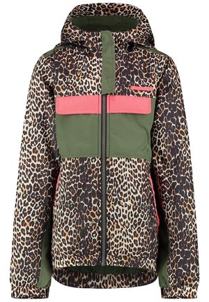 Kurtka w panterkę z zielonymi sekcjami, wyposażona w kaptur, zapięcie na zamek oraz różowe akcentujące kieszenie. Wykonana z teksturowanego materiału syntetycznego.