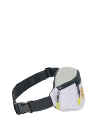 Saszetka w białym materiale z szarym wierzchem, z zamknięciem na zamek błyskawiczny, czarnym regulowanym paskiem i żółtymi uchwytami zamka. Widoczne haftowane detale.