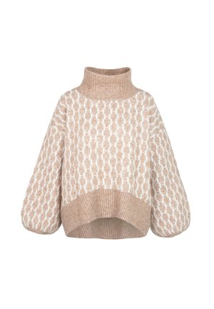 Beige og hvit mønstret strikket turtleneck-genser med ballongerm og ribbet høylav kant.