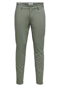 Groene stoffen broek met een gestructureerde afwerking, slanke pasvorm, enkele knoopsluiting en riemlussen. Voorzien van zij- en achterzakken.