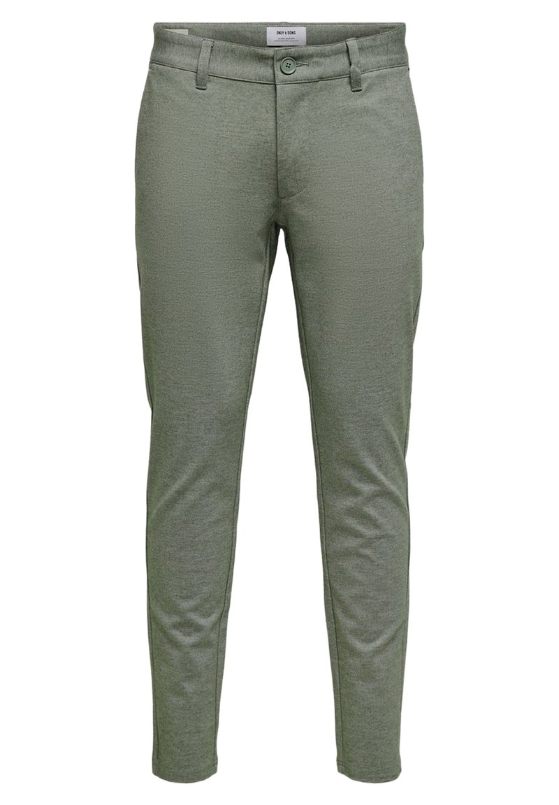 Groene stoffen broek met een gestructureerde afwerking, slanke pasvorm, enkele knoopsluiting en riemlussen. Voorzien van zij- en achterzakken.