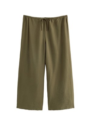 Olijfgroene, wijde broek van lichtgewicht stof. Voorzien van een elastische tailleband met trekkoord voor een verstelbare pasvorm. Soepele textuur.