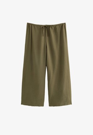 Olijfgroene, wijde broek van lichtgewicht stof. Voorzien van een elastische tailleband met trekkoord voor een verstelbare pasvorm. Soepele textuur.