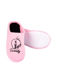 Pantofole rosa senza lacci realizzate in morbido tessuto con un design ricamato di Tweety in nero. Suola in gomma bianca con linee di grip orizzontali.