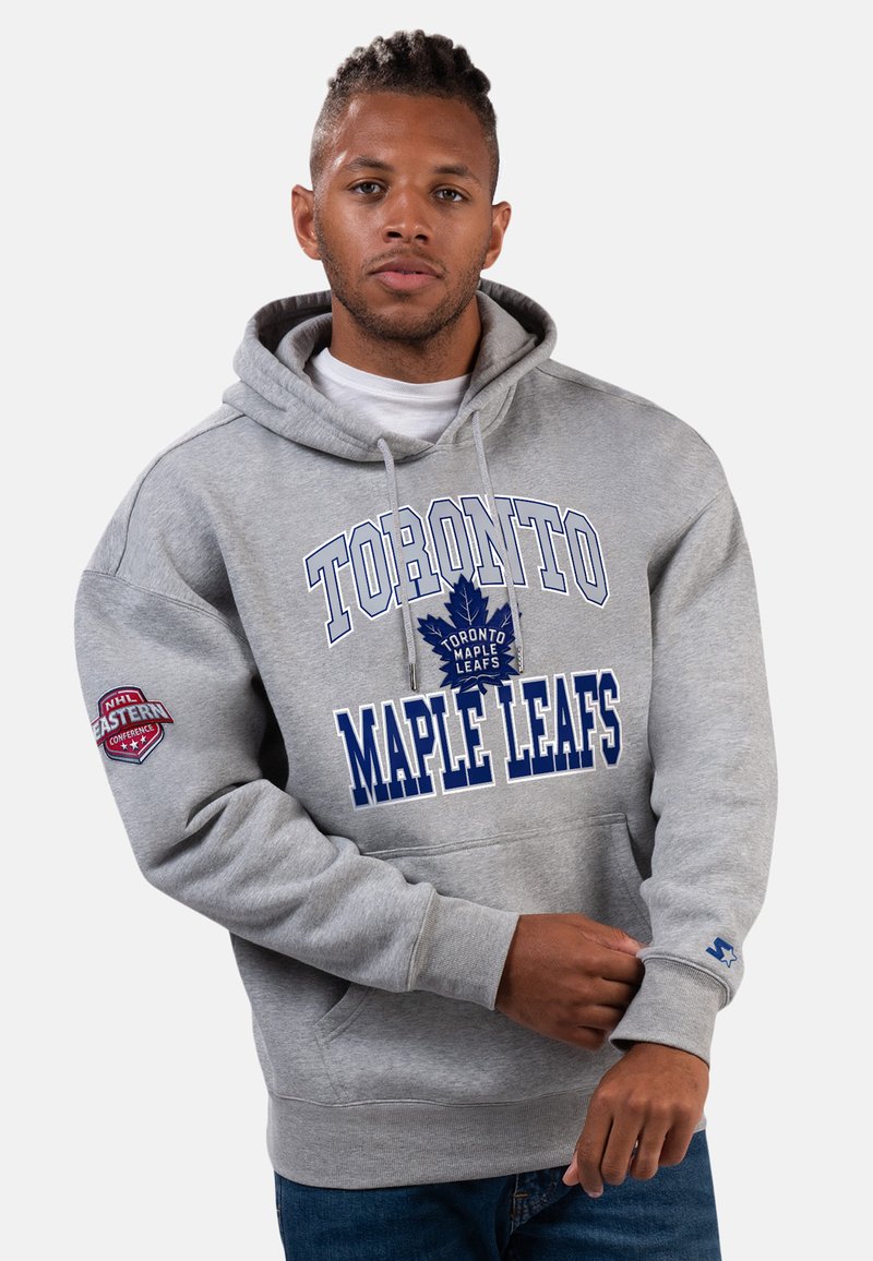Gray hooded sweatshirt featuring "Toronto Maple Leafs" print in blue, with a logo on the left sleeve and a kangaroo pocket. Soft texture.