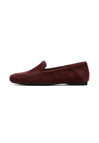 Burgundy slip-on loafer made of soft fur-like material with a rounded toe and minimal stitching detail. Flat black rubber sole.
