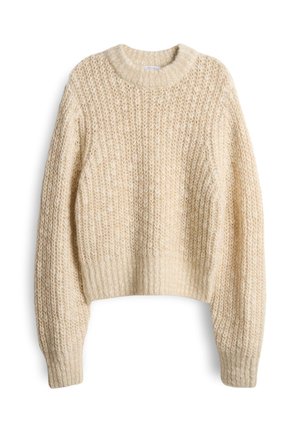 Maglione lavorato a maglia in beige chiaro, con un motivo testurizzato, scollatura a girocollo e orlo corto, realizzato in un filato spesso e morbido.