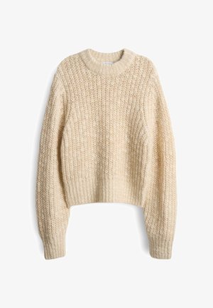 Pull en tricot de couleur beige clair, présentant un motif texturé, un col rond et un ourlet court, fabriqué à partir d'un fil épais et confortable.