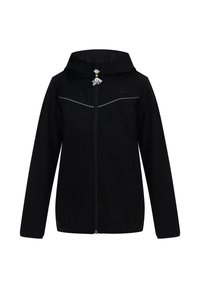 Juodas džemperis su gobtuvu, pagamintas iš minkštos medžiagos. Yra pilki užtrauktukai, vertikalus krūtinės kišenė ir reguliuojama raištelė ant gobtuvo.