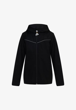 Fekete cipzáras kapucnis dzseki szürke díszcsíkokkal, oldalzsebekkel és húzózsinóros lezárással. Puha, sima szövet textúra.