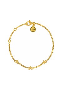 Pulsera chapada en oro con un diseño de cadena delicada y colgantes en forma de estrella, con un cierre de langosta. Incluye un charm con el logo.