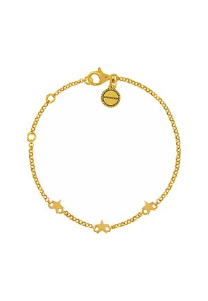 Pulsera chapada en oro con un diseño de cadena delicada y colgantes en forma de estrella, con un cierre de langosta. Incluye un charm con el logo.