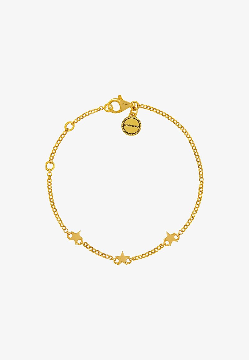 Pulsera chapada en oro con un diseño de cadena delicada y colgantes en forma de estrella, con un cierre de langosta. Incluye un charm con el logo.