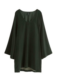 Mørkegrøn tunika lavet af blødt, glat stof. Har en bred, dyb V-udskæring og løse, klokkeformede ærmer for en afslappet pasform.