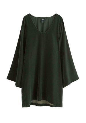 Tunic top verde scuro realizzato in un tessuto morbido e liscio. Presenta un ampio scollo a V profondo e maniche a campana larghe per una vestibilità comoda.